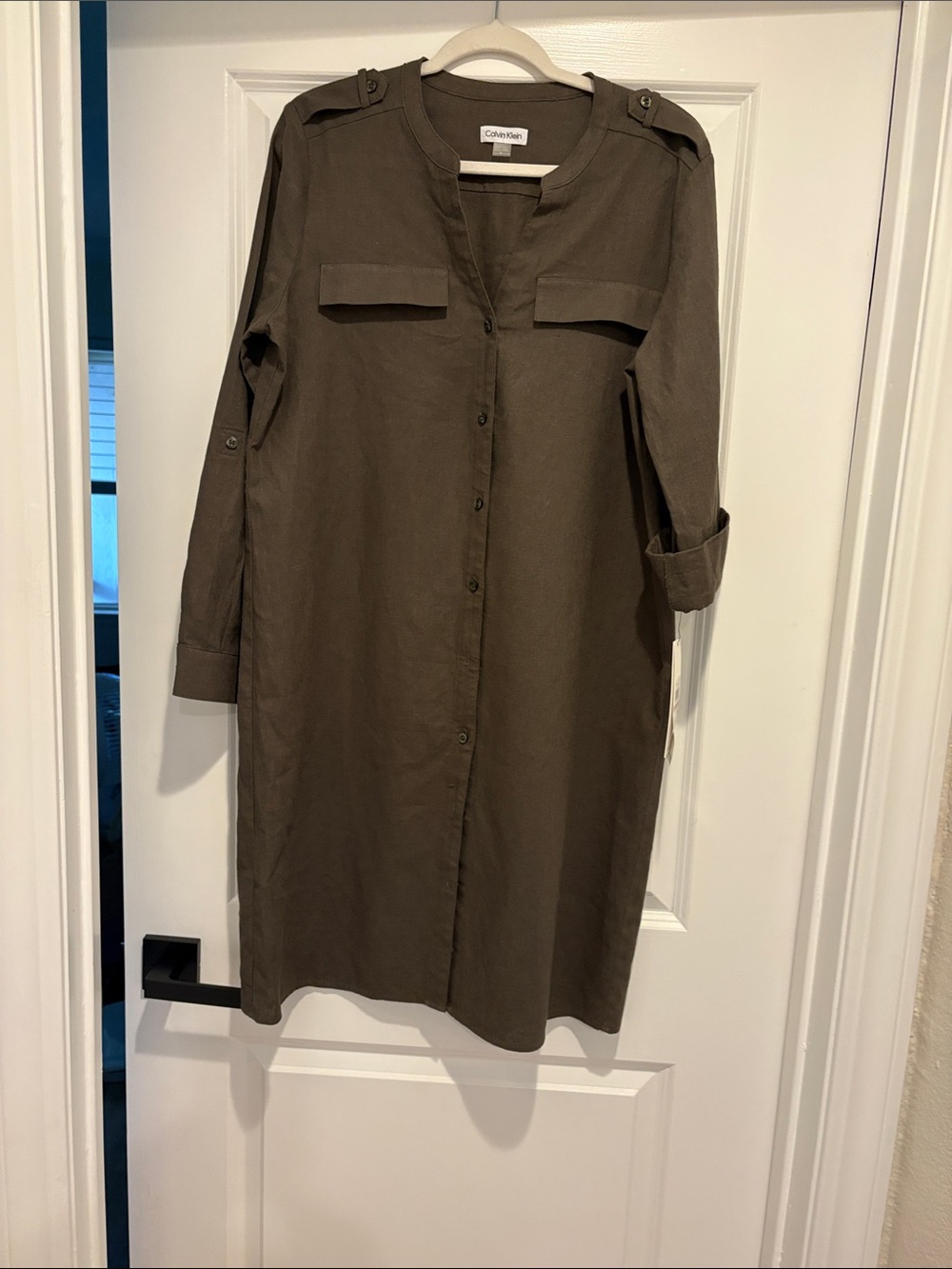 Calvin Klein Olive Green Long-Sleeve Utility Shirt Dress